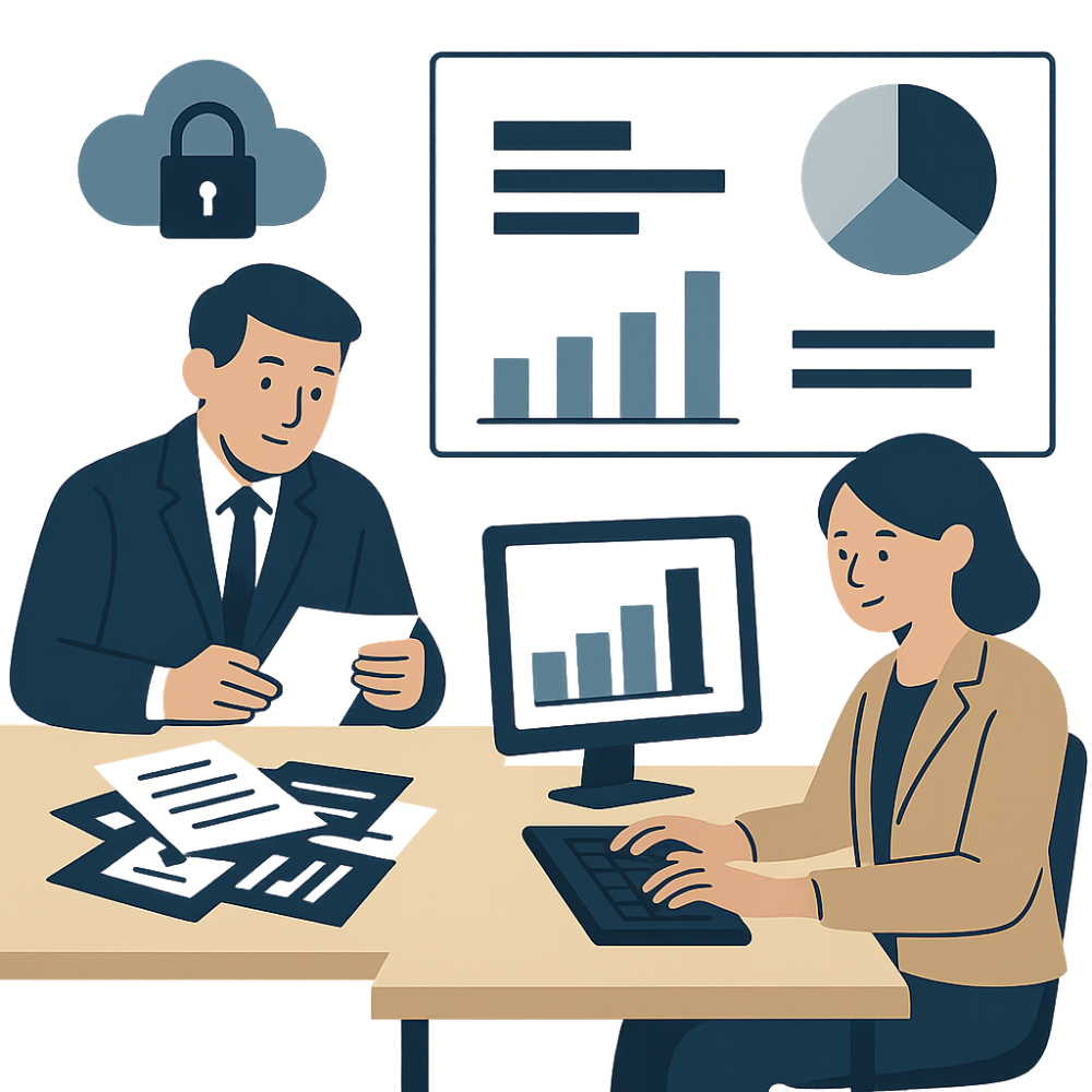 Illustration of a professional team organizing financial documents and setting up secure digital systems, reflecting Anchor Bookkeeping’s commitment to accurate cleanup and confidential bookkeeping setup.