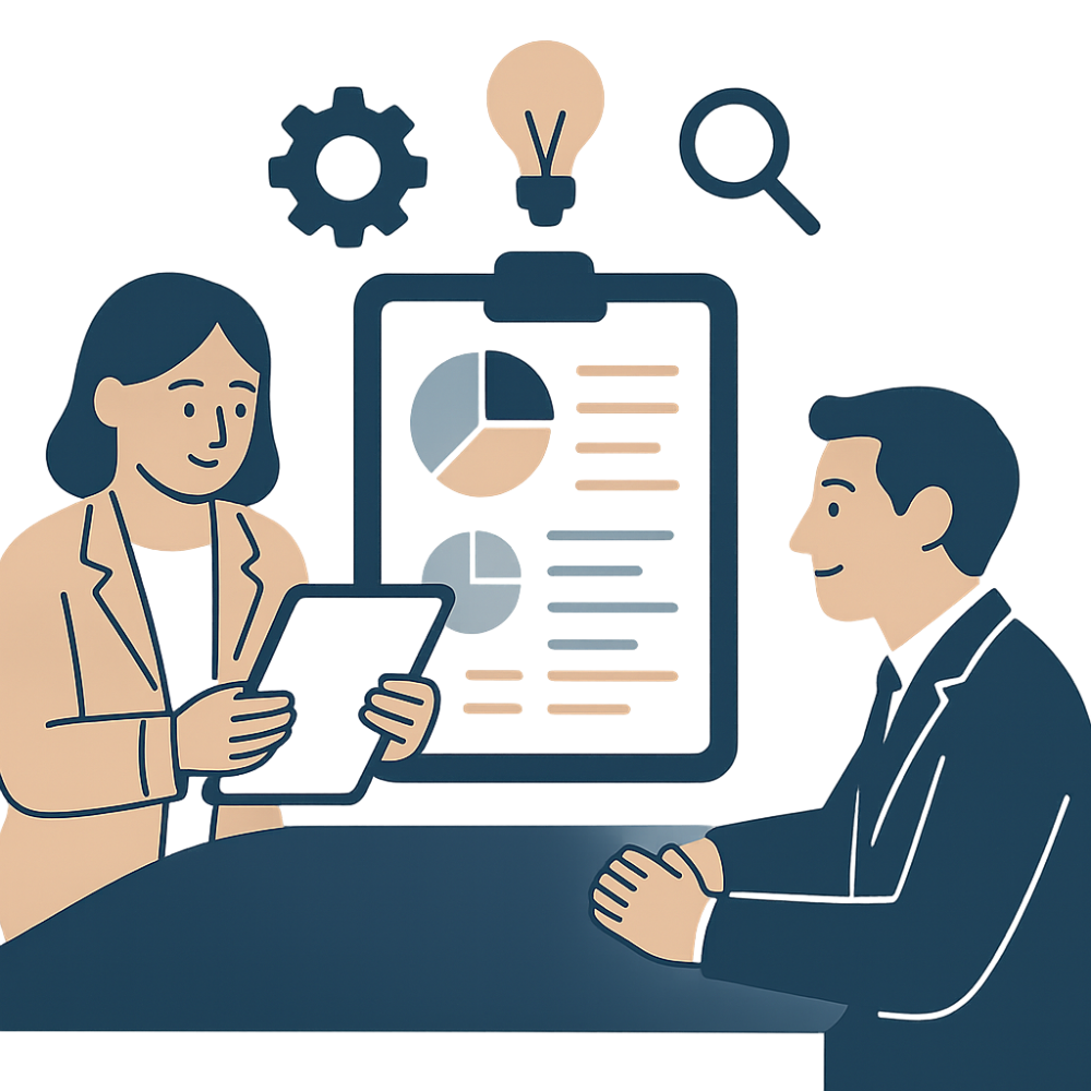 Illustration of a financial consultant discussing strategy with a business owner, representing Anchor Bookkeeping’s personalized discovery process to understand each client’s unique needs.