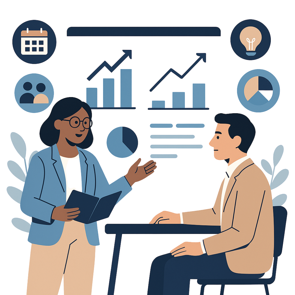 Illustration of a business advisor and client discussing growth charts and planning strategies, symbolizing how Anchor Bookkeeping helps businesses evolve with forecasting, tax prep, and future financial services.