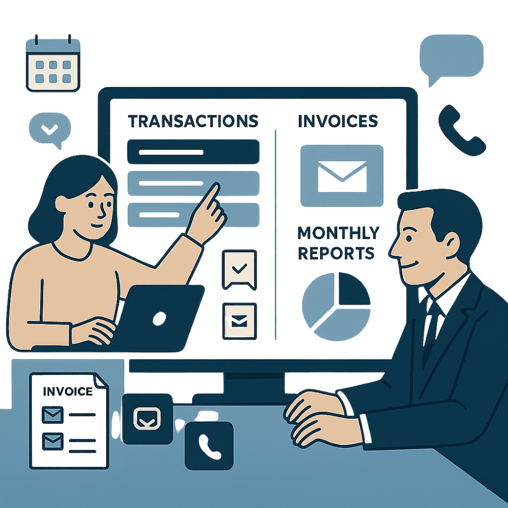 Illustration of a bookkeeping professional reviewing transactions, invoices, and reports with a client, symbolizing Anchor Bookkeeping’s reliable ongoing support and monthly financial reporting.